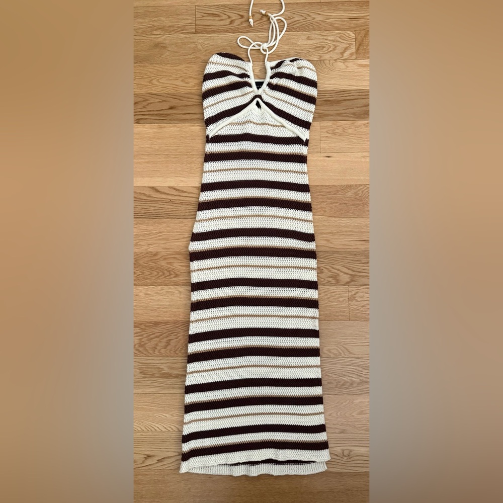 Striped Crochet Knit Tank Dress in Cream and Brown